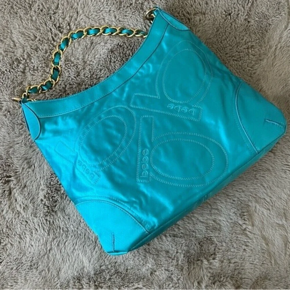 Vintage Bebe Y2K Turquoise Satin Logo Hobo Bag Teal Gold Chain